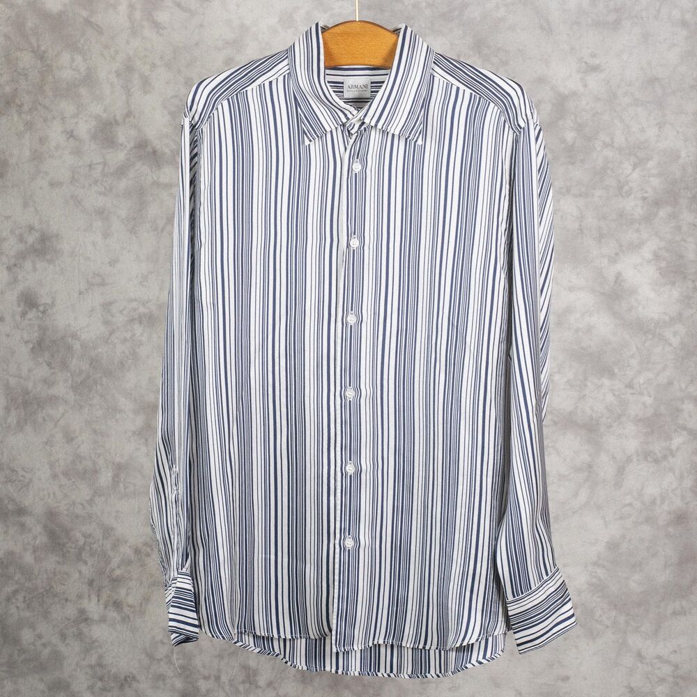 Armani Collezioni | Silk Shirt | Blue and White Striped | Large | 100% Silk